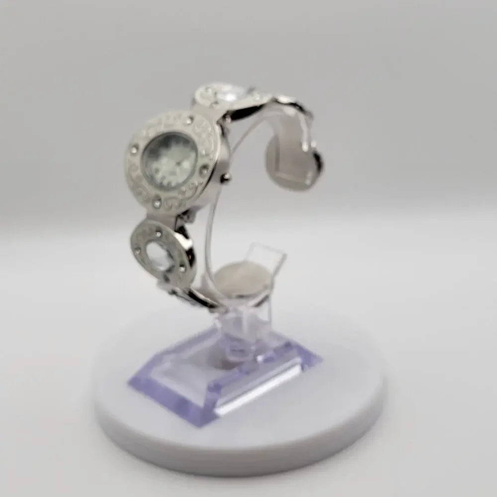 Women's Cuff Bangle Watch Mother of Pearl Dial Silver Filigree Crystal Links